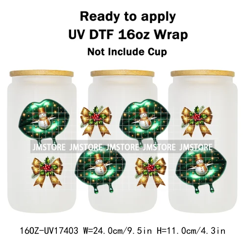 Coquette Bow Christmas Gift Lips UV DTF Stickers Xmas Season Candy Cane Ready To Transfer 16OZ Cup Wraps For Libbey Can Glass