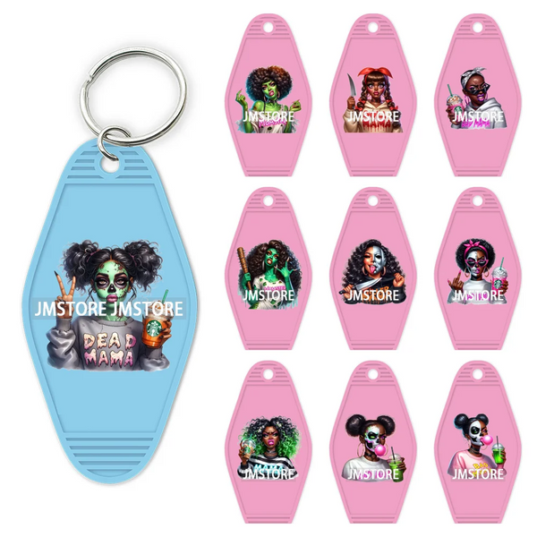 Afro Girl Halloween Skeleton Zombie UV DTF Motel Keychain Decal Ready To Ship Durable Transfer Stickers Print For Hotel Keychain