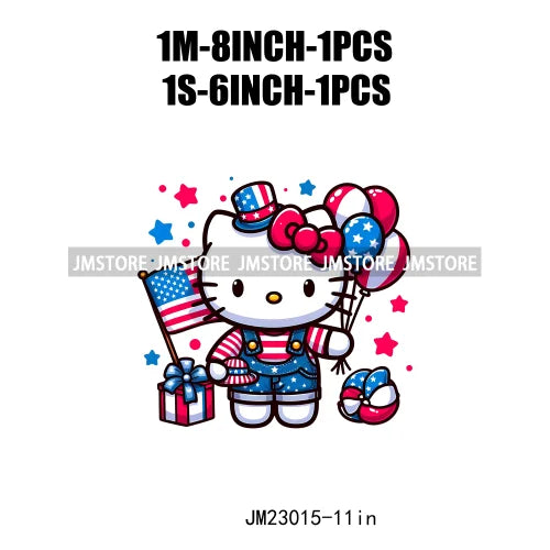 Funny Cute Cartoon Cat Character 4th Of July Flag Patriotic Independence Day Design Iron On DTF Transfer Stickers For Clothing