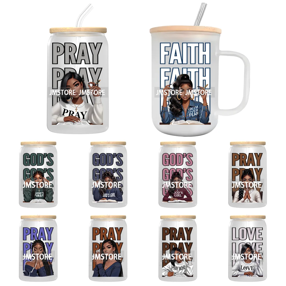 Black Girl Praying Faith Religious Women UV DTF Transfer Stickers Decals Ready To Apply Waterproof For 16OZ Libbey Glass Can Cup