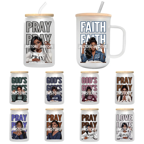 Black Girl Praying Faith Religious Women UV DTF Transfer Stickers Decals Ready To Apply Waterproof For 16OZ Libbey Glass Can Cup