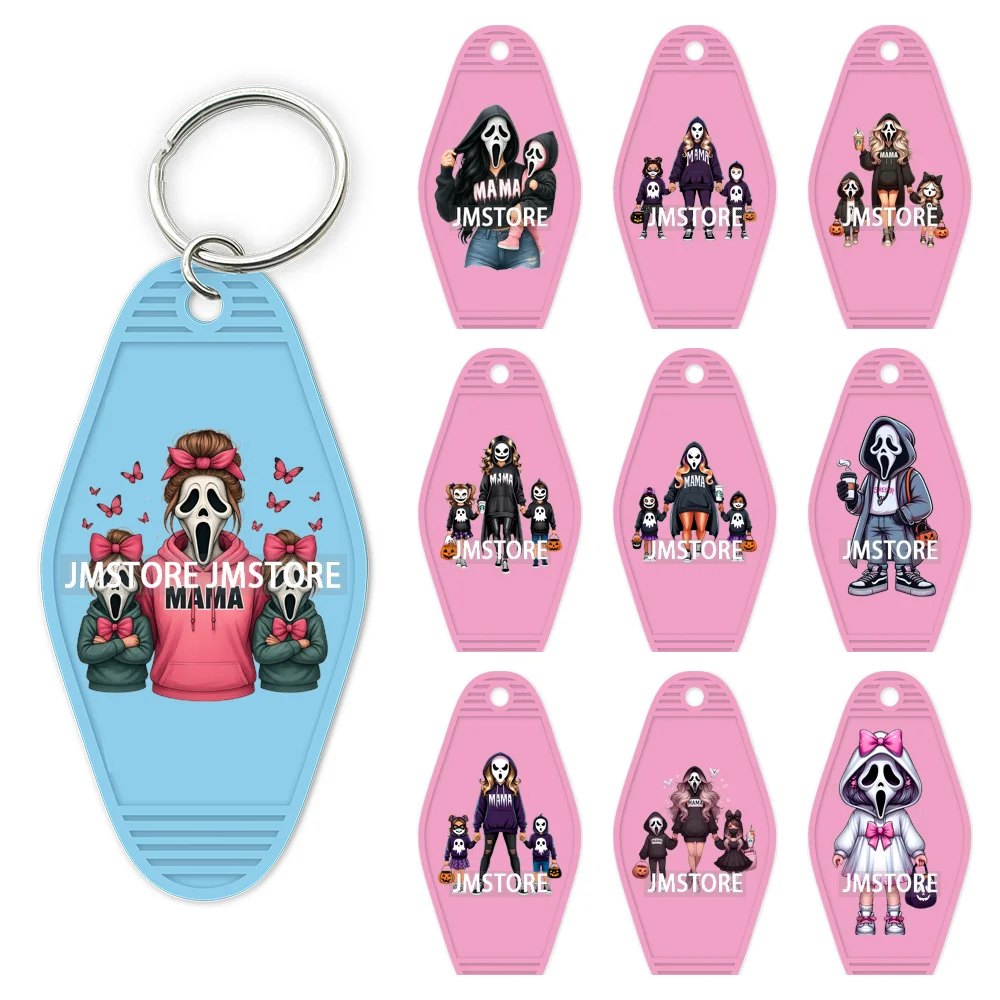 Halloween Horror Mama Kids Ghost Girl Coffee UV DTF Motel Keychain Decal Ready To Ship Transfer Sticker Print For Hotel Keychain