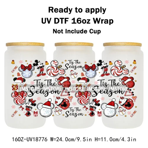 Coquette Bow Cartoon Christmas Green Guy UV DTF Cup Wrap Ready To Apply Transfer Stickers Waterproof For 16OZ Libbey Glass Can