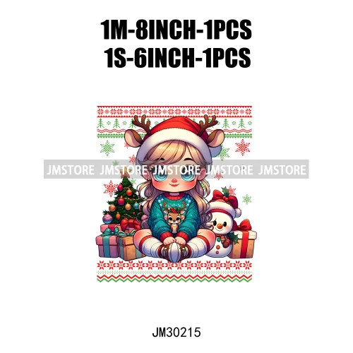 Cute Princess Red Ugly Sweater Cartoon Girls Friends Merry Christmas Iron On DTF Transfers Stickers Ready To Press For Clothing