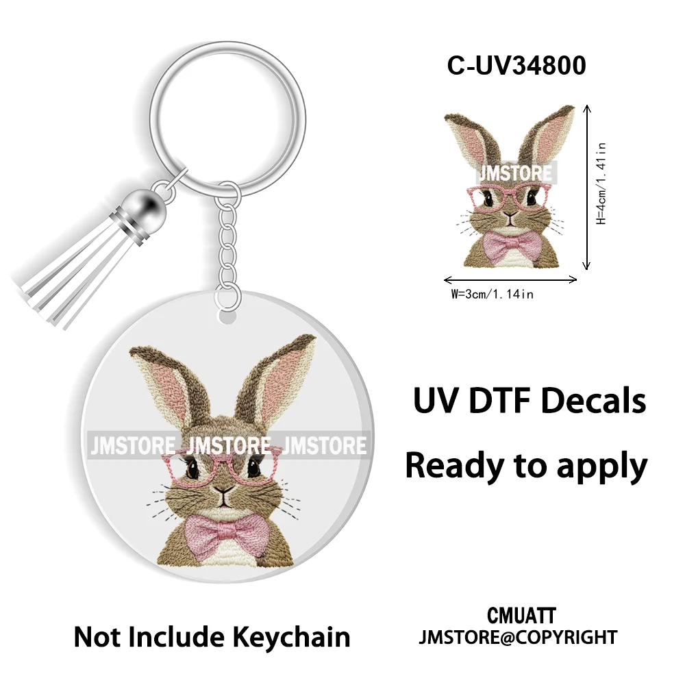 Faux Sequin Glitter Happy Easter Bow Retro Easter Bunny Blowing Bubble UV DTF Stickers for Round Circle Acrylic Keychain Keyring