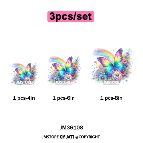 Colorful Sparkling Rainbow Butterflies Flowers Lovers Washable Iron on DTF Transfers Stickers Diy Ready to Press for Clothes