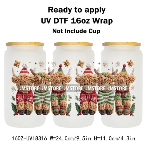 Faux Crochet Yarn Christmas Highland Cow 16OZ UV DTF Cup Wraps Ready To Apply Waterproof Transfer Stickers For Libbey Glass Can