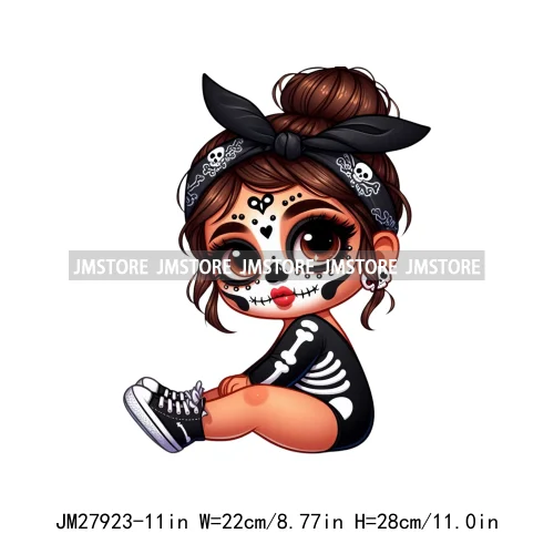 Halloween Skeleton Latina Baby Chibi Hispanic Girls Spooky Season DTF Iron On Transfers Stickers Ready To Press For Clothing