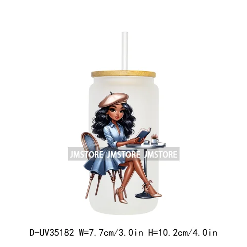 Fashion Black Chibi Denim Girl UV DTF Transfer Stickers Decals Ready To Apply Waterproof For 16OZ Libbey Glass Can Cup Tumbler