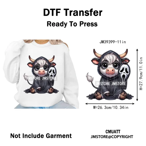 Horror Spooky Cartoon Baby Highland Cow Halloween Vibes Animal Iron on DTF Washable Transfers Sticker Ready to Press for Hoodies