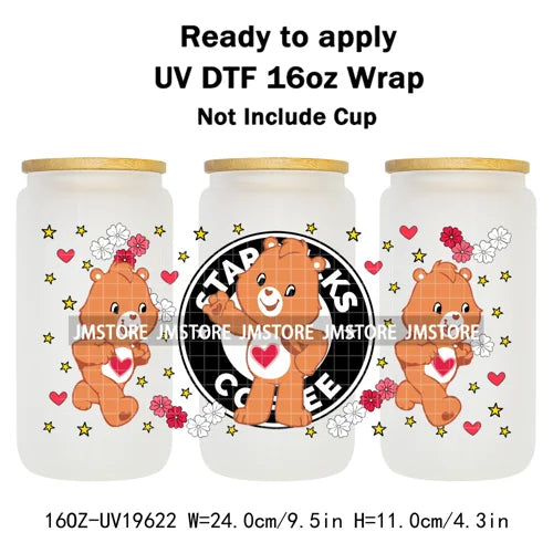 Cheerful Floral Hearts Cartoon Bears Clipart UV DTF Transfer Stickers Cup Tumbler Wrap For 16OZ Libbey Glass Bottle Cup Wraps