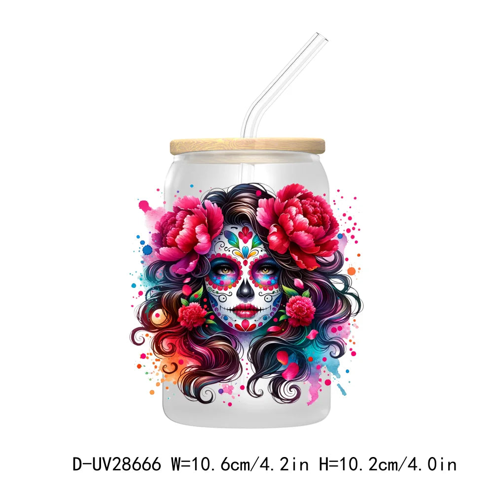 La Mexicana Latina Tarot Card UV DTF Transfer Stickers Decals For Libbey Cold Cups Mugs Tumbler Waterproof Floral Sugar Skulls