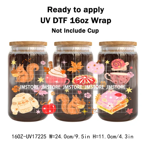 Bookish Autumn Fall Coquette Pumpkins Season UV DTF Wraps Transfer Sticker Selfadhesive Waterproof For 16OZ Libbey Glass Can Mug