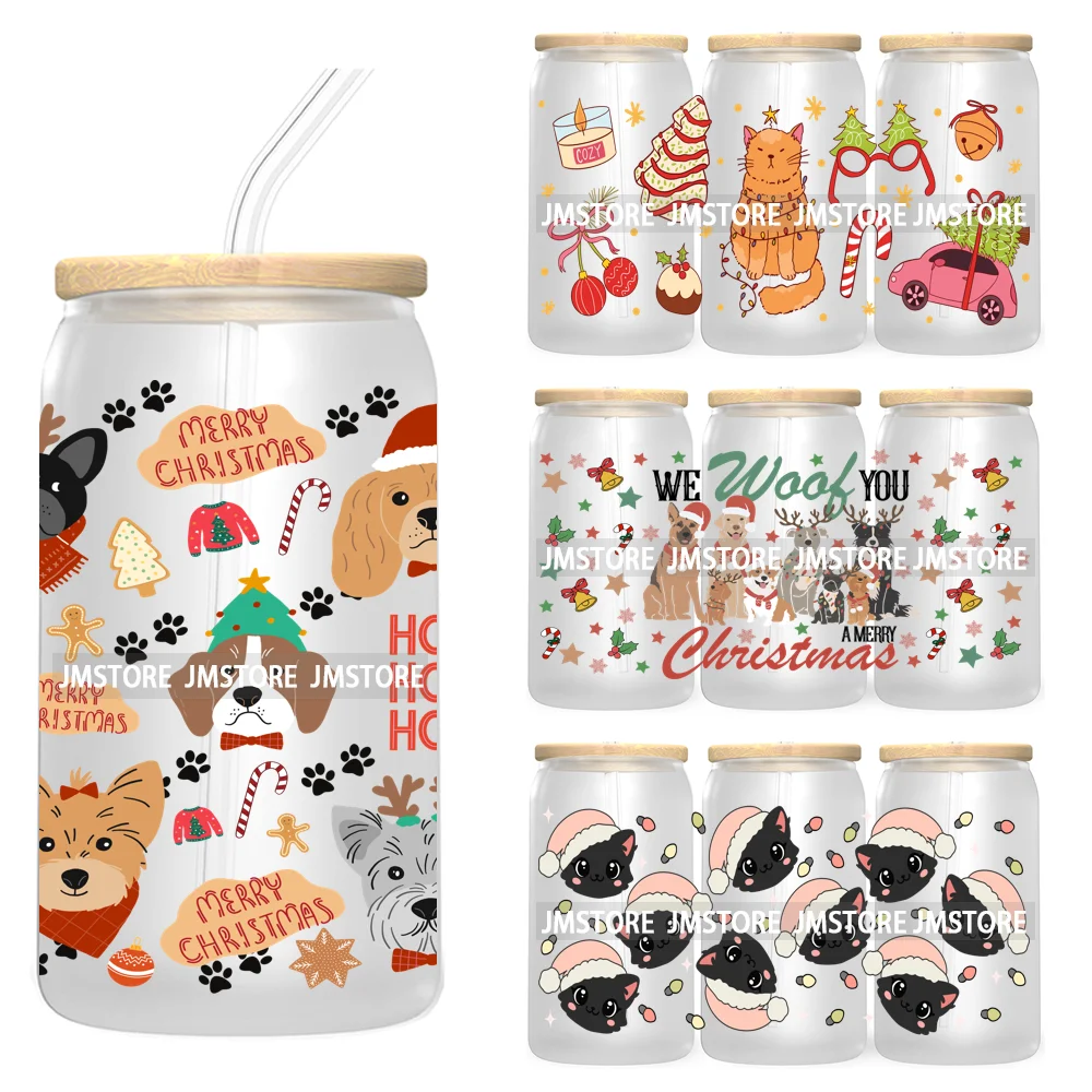 Cute Pet Christmas Dogs Cats With Santa Claus Hat UV DTF Cup Wrap For Libbey Glass Can Transfer Stickers Waterproof Custom Label