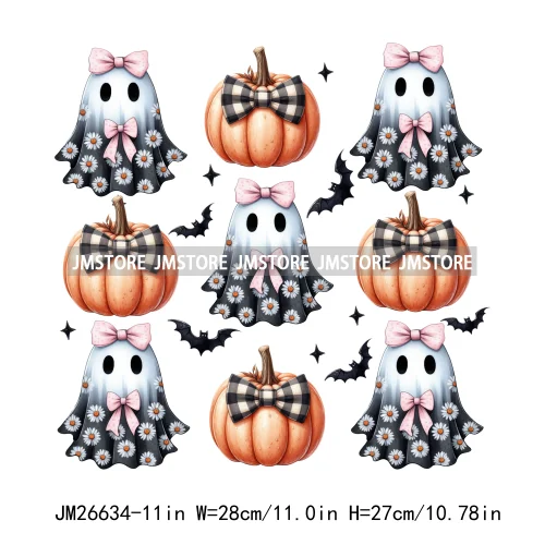 Colorful Halloween Spooky Season Cute Ghost Pumpkin Girly Coquette Bow DTF Iron On Transfers Stickers Ready To Press For T-shirt