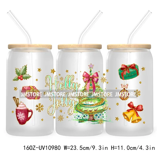 Coquette Glitter Holly Jolly Christmas Tree UV DTF Cup Wrap For Libbey Glass Can Transfer Stickers Waterproof Custom Labels Gift