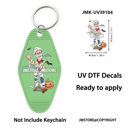 Spooky Halloween Cartoon Character Couple UV DTF Motel Keychain Wrap Ready To Apply Waterproof High Quality Hotel Keychain Decal