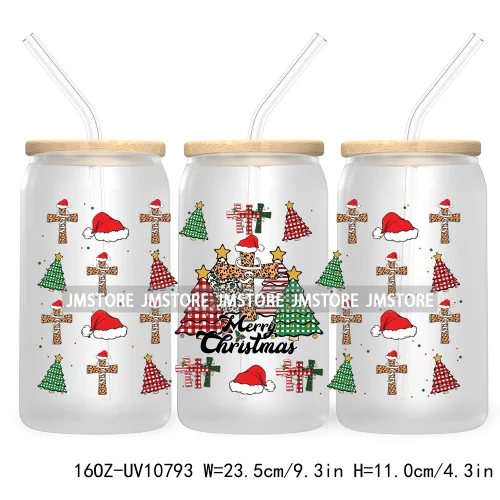 Religious Jesus Christmas UV DTF Cup Wrap For Libbey Glass Can Transfer Stickers Waterproof Custom Labels Christian Cross Bow