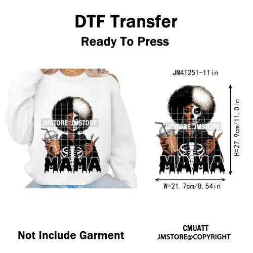 Coffee Lover Afro Mama Spooky Halloween Killer Cartoon Women Iron on Washable DTF Transfers Stickers Ready to Press for Hoodies