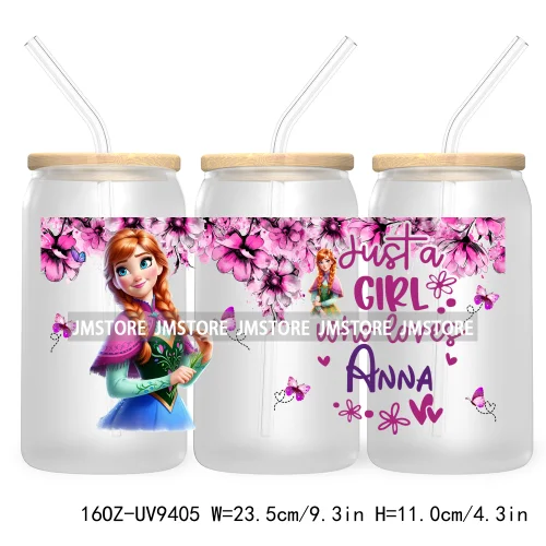 Just A Girl Who Loves Cartoon Princess 16OZ UV Cup Wrap DTF Transfer Stickers For Libbey Glass Can Cups Tumbler Waterproof Label