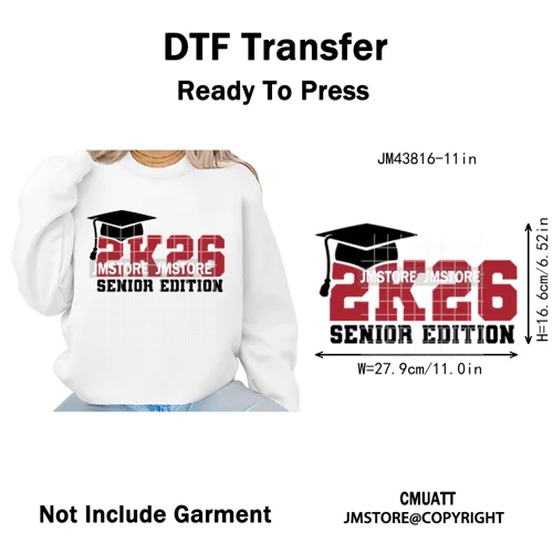 2026 Varsity Graduate Season College Senior Year Bow Iron on Washable DTF Heat Transfers Stickers Ready to Press for Sweatshirts