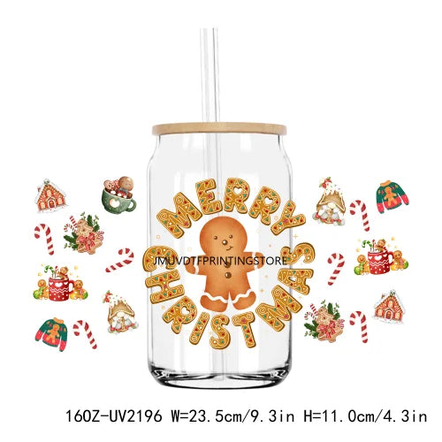 Merry Christmas Glitter Gingerbread UV DTF Sticker For 16OZ Libbey Glass Cup Can Wrap Transfer Sticker Custom Labels DIY Logo