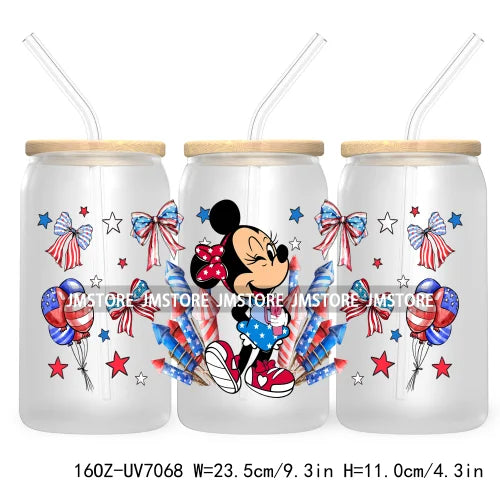 Happy 4TH Of July Cartoon Bear Friends 16OZ UV DTF Cup Wrap Transfer Stickers For Libbey Glass Can Cups Tumbler Waterproof Craft