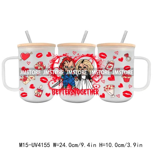 Horror Valentine Cartoon Couple UV DTF Sticker For 15OZ Mug Libbey Glass Cup Can Wrap Transfer Stickers Custom Labels DIY Logo