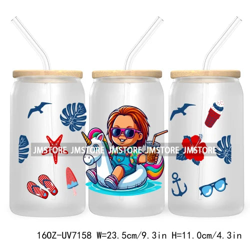 Horror's Summer Vacation 16OZ UV DTF Cup Wrap Transfers Stickers For Libbey Glass Can Cups Tumbler Waterproof Craft Cartoon Girl