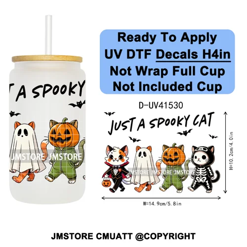 Spooky Highland Cow Halloween Ghosts Pumpkin UV DTF Decals Ready To Apply Waterproof Transfer Stickers For 16OZ Libbey Glass Can