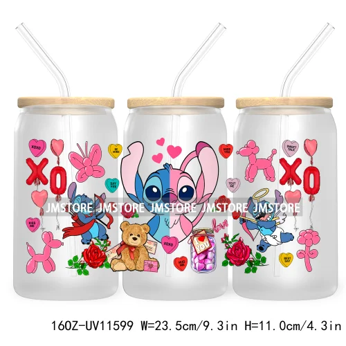 Happy Valentine's Day Cartoon Mouse Couple 16OZ UV Cup Wrap DTF Transfer Sticker For Libbey Glass Can Cups Tumbler XOXO Love Bug