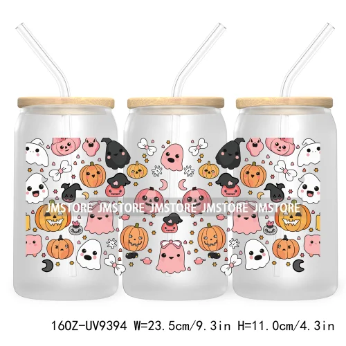 Coquette Pumpkin Autumn 16OZ UV DTF Cup Wrap Transfer Stickers Custom Waterproof Label For Libbey Glass Can Cute Ghost Halloween