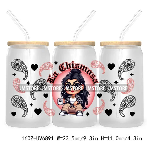 Chibi Latina Chicana 16OZ UV DTF Cup Wrap Transfer Stickers For Libbey Glass Can Cups Tumbler Waterproof Craft Mexican Girl Rose