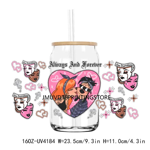 Cartoon Valentines Couple Love 16OZ UV DTF Cup Wrap Transfers Stickers Custom Labels DIY Waterproof Logo For Libbey Glass Can