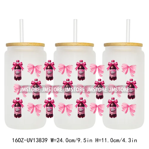 Soft Drink Pink Bow Coquette Strawberry UV DTF Wraps Transfer Sticker Selfadhesive Waterproof  For 16OZ Libbey Glass Can Tumbler