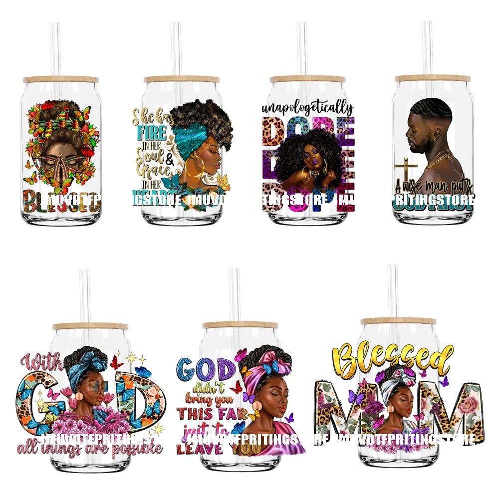 Dope Black Girl Blessed Mom Religious UV DTF Transfers Stickers Decals For Libbey Cold Cups Mugs Tumbler Waterproof DIY Craft