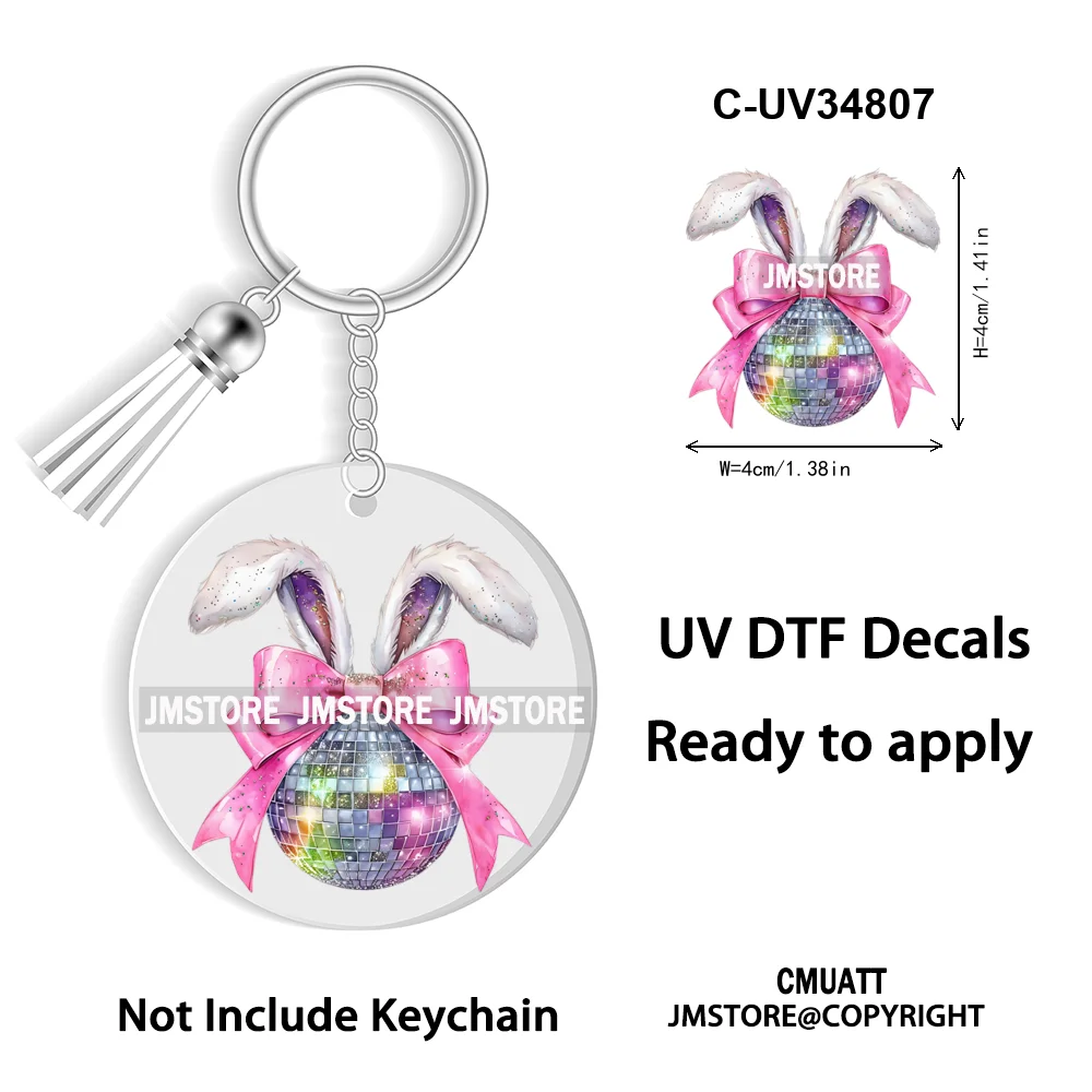 Faux Sequin Glitter Happy Easter Bow Retro Easter Bunny Blowing Bubble UV DTF Stickers for Round Circle Acrylic Keychain Keyring