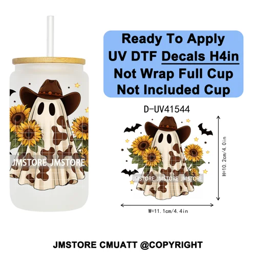 Spooky Highland Cow Halloween Ghosts Pumpkin UV DTF Decals Ready To Apply Waterproof Transfer Stickers For 16OZ Libbey Glass Can
