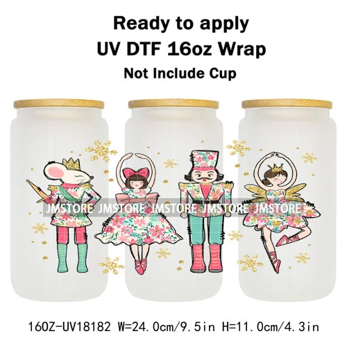 Faux Glitter Preppy Nutcracker Christmas UV DTF Cup Wrap Ready To Apply Transfer Sticker 16OZ Tumbler Wraps For Libbey Glass Can