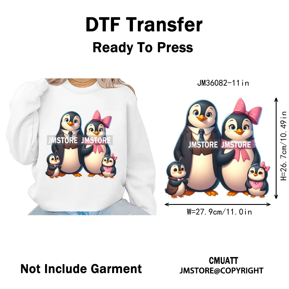 Cute Animal Penguins Coquette Hat Family Mom Father Baby Lovers Iron on DTF Heat Transfer Stickers Ready to Press for Hoodies