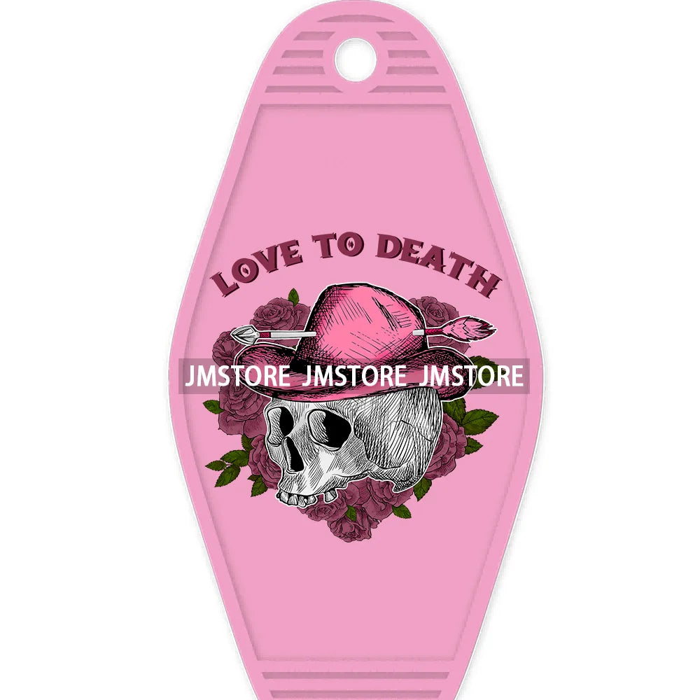 Pink Cowgirl Valentine's Day Candy Hearts High Quality WaterProof UV DTF Sticker For Motel Hotel Keychain Leopard Love Vibes