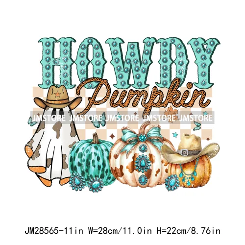 Howdy Pumpkin Ghost Western Fall Vibes Turquoise Coquette Bow Autumn Iron On DTF Transfer Sticker Ready To Press For T-shirts