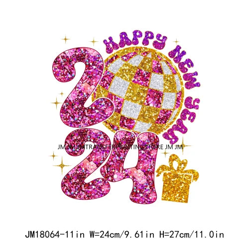 Happy New Year 2024 Printing Cheers To The New Year Faux Glitter Sequin Iron On DTF Transfer Sticker Ready To Press For Clothing