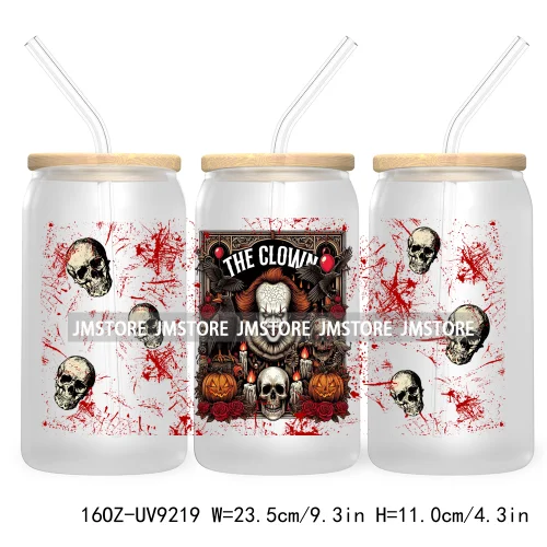 Horror Characters 16OZ UV Cup Wrap DTF Transfer Stickers For Libbey Glass Can Cups Tumbler Waterproof Labels Halloween Skull