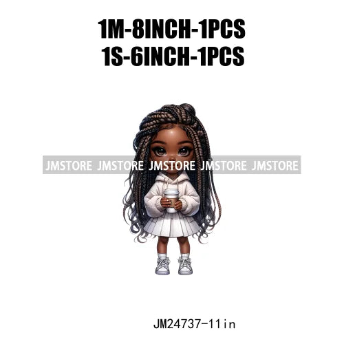 Dreadlocks Coffee Chibi Black Girls Pink Fashion African American Denim Girl Iron On DTF Heat Press Transfer Stickers For Shirts