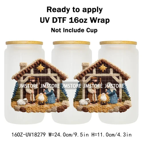 Faux Yarn Crochet Jesus Christmas Religious UV DTF Stickers Ready To Apply Cup Wrap Custom Labels DIY Craft For Libbey Glass Can