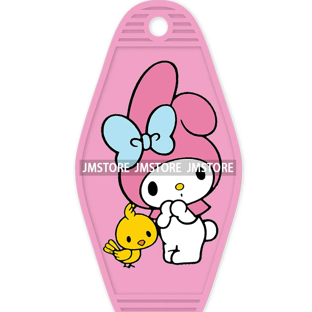 Cute Cartoon Pink Hello Cat With Bow Flower High Quality WaterProof UV DTF Sticker For Motel Hotel Keychain Labels DIY Logo