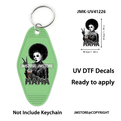 Horror Character Mama Coffee Lover UV DTF Motel Keychain Decal Ready To Ship Durable Transfer Stickers Prints For Hotel Keychain