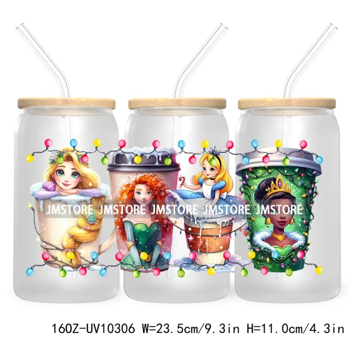 Princess Christmas Cartoon Friends 16OZ UV Cup Wrap DTF Transfer Stickers For Libbey Glass Can Cups Tumbler Magical Kingdom Vibe