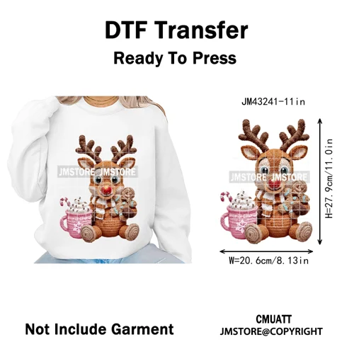 Hot Cocoa Coffee Lover Cartoon Faux Yarn Christmas Xmas Iron on Washable DTF Transfers Stickers Ready to Press for Sweatshirts